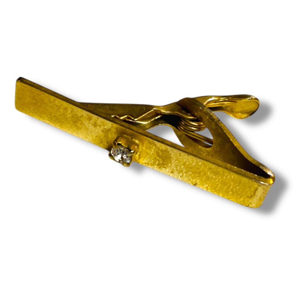 Vintage Goldtone Tie Clip Hinged Small Stone 1.5"